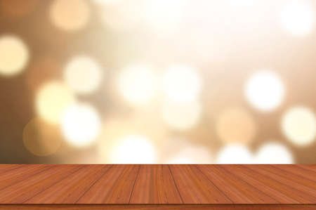 empty wooden table on blurred light gold bokeh background, place for your products on the tables