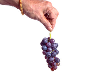 woman hand holding bunch of fresh grapes with water dropsの写真素材