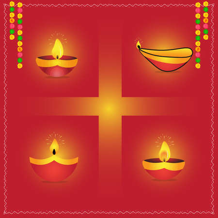 Diwali celebration icons set with burning oil lamps of various shape on the vector illustration.のイラスト素材