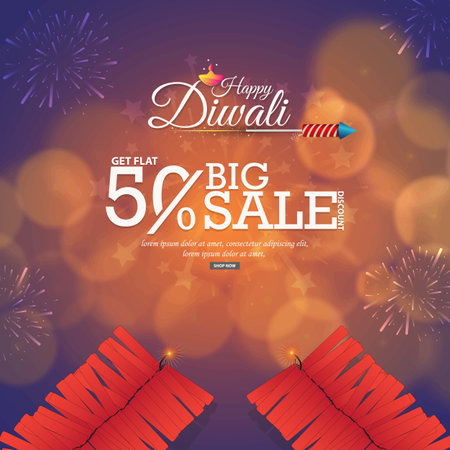 Happy Diwali Sale banner or poster design with firecrackers, 50% discount offer on blurred bokeh backgroundの写真素材