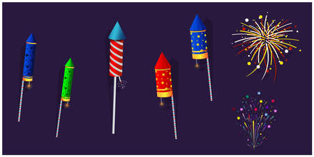 Vector illustration of a colorful firecracker set rocket. Holiday fun.のイラスト素材