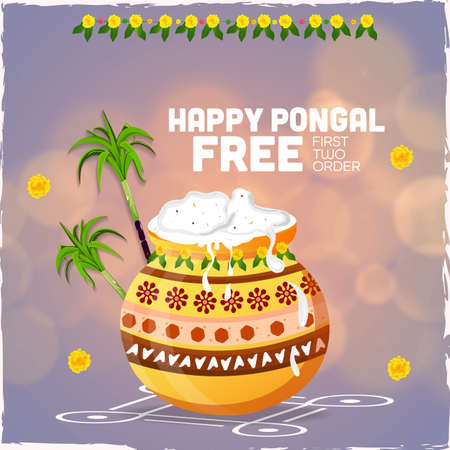 Greeting card with flowers for Pongal, a traditional Indian festival.の写真素材