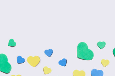 Valentine's Day background. Multicolor hearts on white background. Valentines day concept. Flat lay, top view,の写真素材