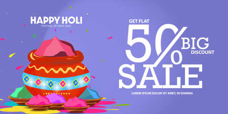 50% Off. Big Sale Offer Promo Poster for Happy Holi Color Festival. Holi is the biggest color festival celebrated in India.のイラスト素材