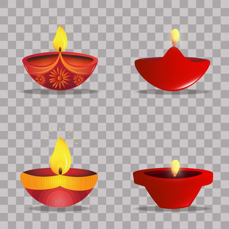 Set of Diwali Diya oil lamps on transparent background. Festival of lights.のイラスト素材