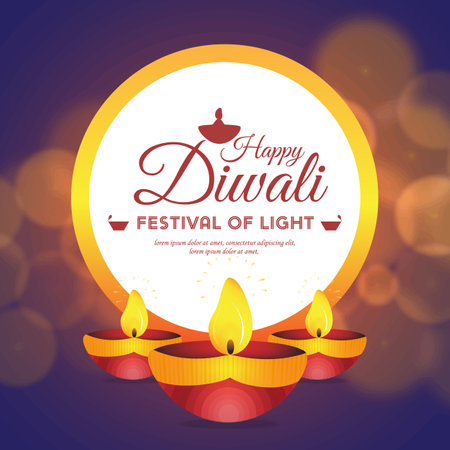Happy Diwali greeting illustration with burning diya for festival of lights on Diwali Holiday backgroundの写真素材