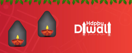 Happy Diwali. social media header website or banner design with oil lamp on red backgrounds for Diwali Festival celebrateの写真素材
