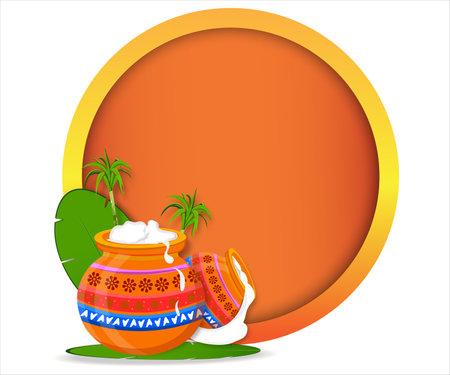South Indian Happy Pongal Harvest Festival Banner Design. Image of beautiful Pongal pot and sugar cane banana leaf with background in blank space in round circle.のイラスト素材