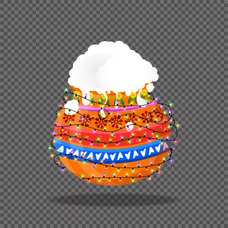 Happy Pongal holiday harvest festival design elements on transparent background. Pongal pot decorated with glowing lights.のイラスト素材