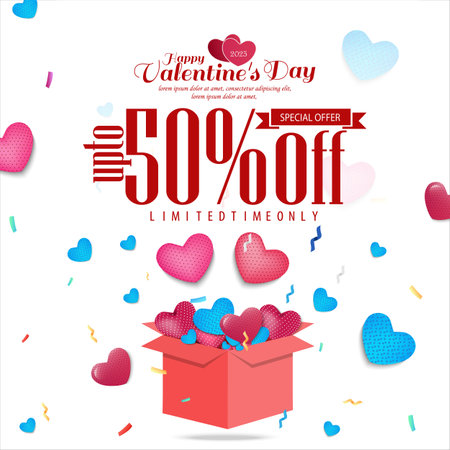 Valentine's Day Sales Concept. Holiday sale banner with confetti and hearts flying out when gift box is opened. web poster, flyer, greeting card, card. Love background.のイラスト素材