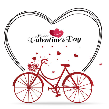 Happy Valentine's day. Red bicycle with heart flying from bicycle basket with line heart isolated on white background.のイラスト素材