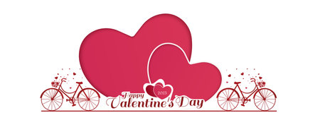 Valentine's day concept background. two big red hearts with flying heart from bicycle basket isolated on white background.のイラスト素材