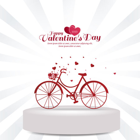 Happy Valentine's day greetings. Red bicycle with heart flying from bicycle basket on top of 3d shape for product display presentation on a background of light rays. Vector illustrationのイラスト素材