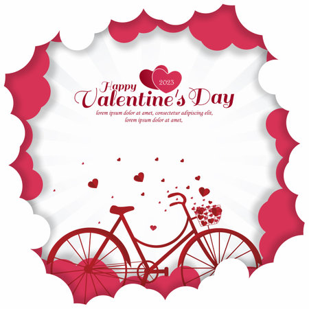 Happy Valentine's day greeting card with hearts flying from bike with light rays background. Vector illustration.のイラスト素材