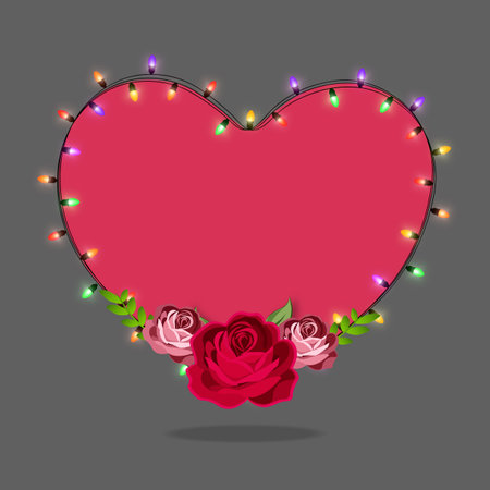 Happy Valentine's Day greeting card with electric lights, red heart with roses.のイラスト素材