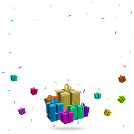 Multicolored gift boxes with confetti on white background. Flying and Falling gift boxes. illustrationのイラスト素材