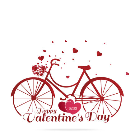 Valentine's day. Red bicycle with heart flying from bicycle basket isolated on white background.のイラスト素材