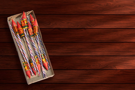 Carnival rockets on a wooden background. Top view.