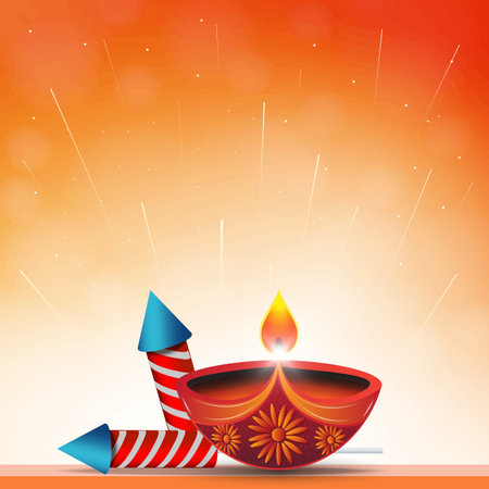 Vector illustration of Happy Diwali background with diya oil lamp and crackers on the wall.のイラスト素材