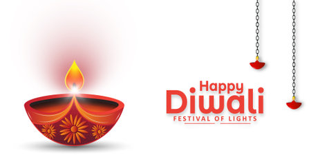 Happy Diwali festival celebration beautiful Diwali diya oil lamp banner design on white background. Vector illustration.のイラスト素材