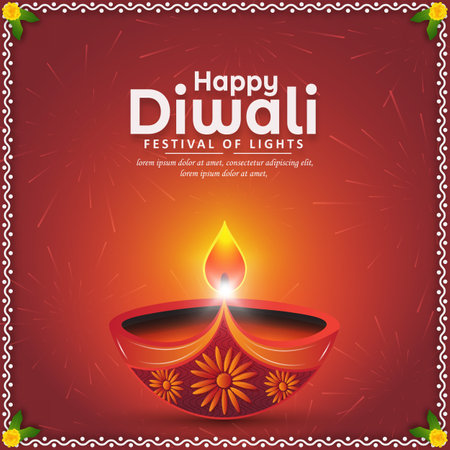 Happy Diwali festival of lights greeting card design with diya oil lamp with fireworks on red background. Vector illustrationのイラスト素材