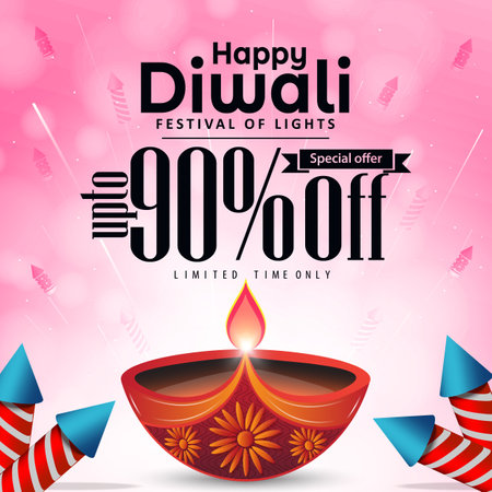 90% off Diwali banner template design with diya and firecrackers background. Happy Diwali sale banner template.のイラスト素材