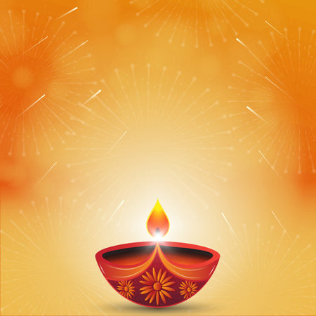 Ilustración de Happy Diwali festival of lights greeting card background with diya lamps and fireworks. Vector illustration - Imagen libre de derechos