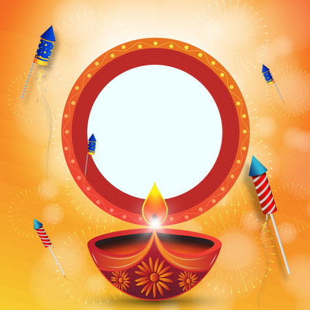 Vector illustration of Happy Diwali background with diya and firecrackers on bokeh background. space for text.のイラスト素材