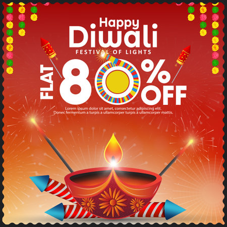 Happy Diwali celebration sale banner template design with big discounts to attract people. Indian festival of lights with diya and fireworks. Vector illustration.のイラスト素材