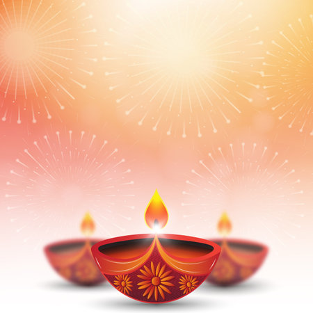 illustration of Happy Diwali festival background with Beautiful diya and fireworksのイラスト素材