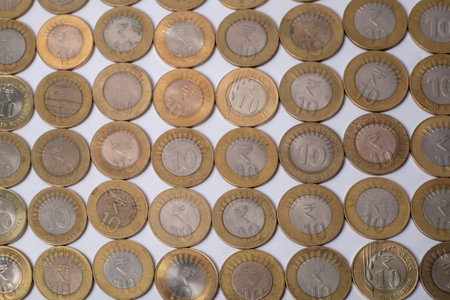 Texture background of various Indian ten rupee coinsの写真素材