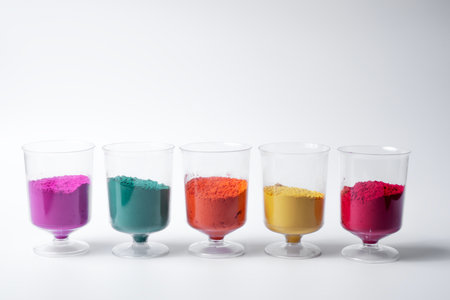 Multicolored holi powder sand in measuring cup row isolated on white background. Holi powder is a traditional Indian Festival. Closeupの写真素材