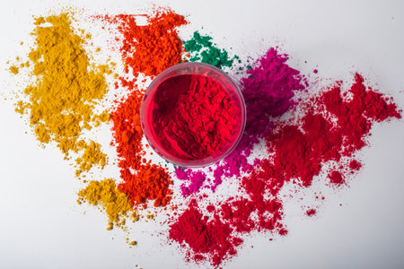 Colorful red holi powder in a glass bowl on white background and multicolored holi powder around it. top viewの写真素材
