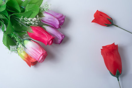 Bouquet of colorful tulips on a white background with space for text, top viewの写真素材