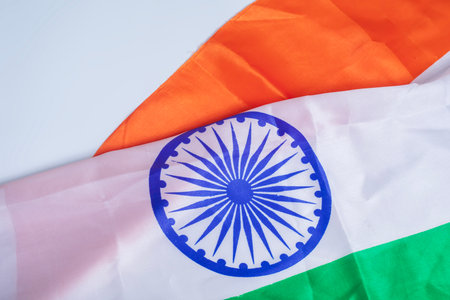 Close up of Indian flag isolated on white background. conceptual image for independence day. Top viewの写真素材