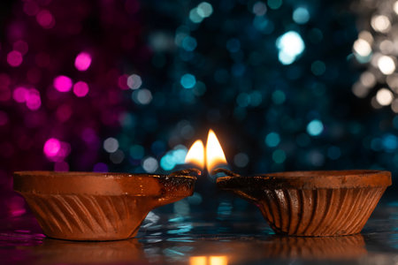 Close-up of two beautifully decorated diyas during Diwali on bokeh background. Selective focus.