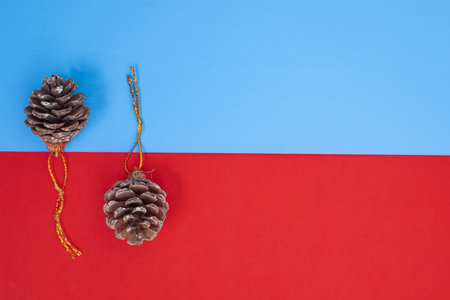 Elegant brown pine cones adorned with golden loops, set against a vibrant blue and red dual background. ideal for seasonal themes and decorative designs.の写真素材