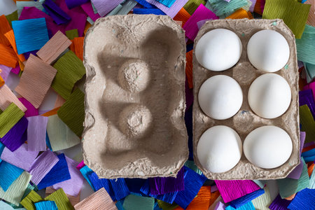 Top view of white eggs placed in a cardboard box on a colorful paper background.