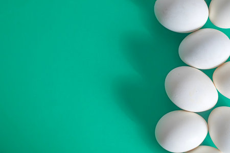 Bright white eggs arranged on a green background, top view.の写真素材