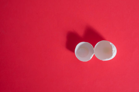 Two empty eggshell halves are set against a vibrant red surface, casting soft shadows