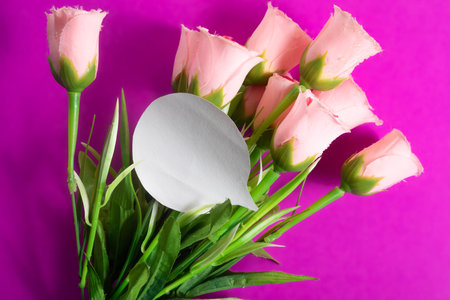Pink roses with green leaves, arranged in a bouquet, with a blank note ready for personalization, are set against a striking purple background.の写真素材