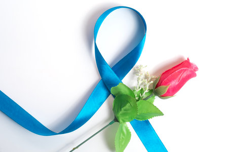 An elegant image of a red rose paired with a blue ribbon symbolizing love and awareness. Perfect for relationships, charities, support.の写真素材