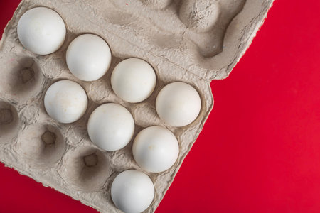 An open cardboard egg carton holding fresh white eggs placed on a dark red background. A clean and minimal composition.の写真素材