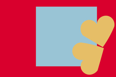 Abstract geometric composition with blue square and yellow hearts on a vibrant red background.の写真素材