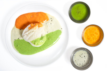 A white plate served with soft idlis and three varieties of chutney presented in small cups. The...