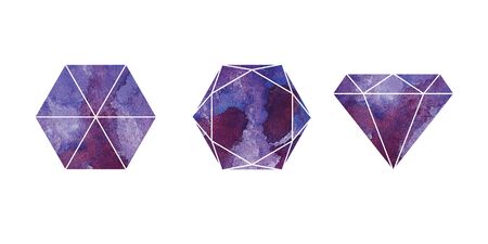 Violet cut watercolor gemstones icons with white contour. Line sketch with watercolor background. Crystals stone isolated. Set of jewel, mineral stony. Side, Bottom, Top View. Darkly violet and purpleの写真素材
