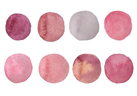 Set of pink and blush watercolor circles. Hand painted Spots on a white background. Round. Isolated. Blobs of different colors. Abstractの写真素材