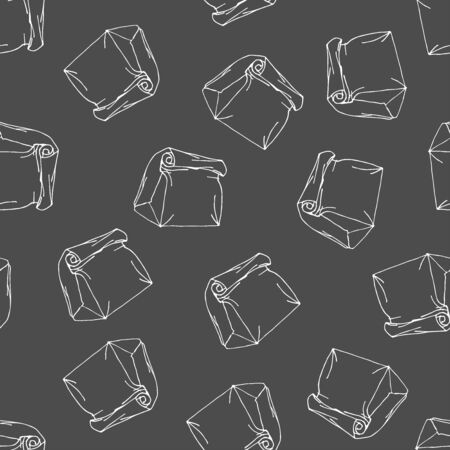 Paper bag with purchases pattern . Linear seamless illustration. Doodle style. Black board. White contour on a dark grey background. For wrapping, packaging, wallpaper, menu, displaysの写真素材