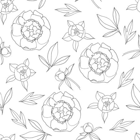Seamless pattern with grey peony flowers and leaves. Hand drawn doodle illustration. For scrapbooking, packaging, fabrics, wallpaper, textilesの写真素材