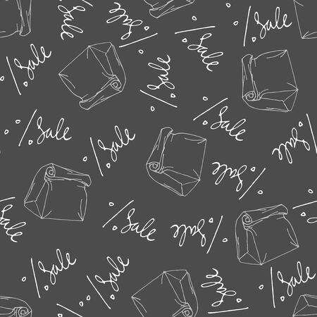 White contour paper bag for shopping and inscription sale Seamless pattern. Black white sketch. Blackboard. Doodle illustration. Digital paperの写真素材